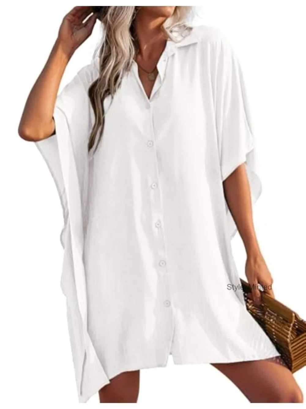 Women's Swimsuit Cover Up 3/4 Sleeve Button Down Beachwear Oversized Shirt